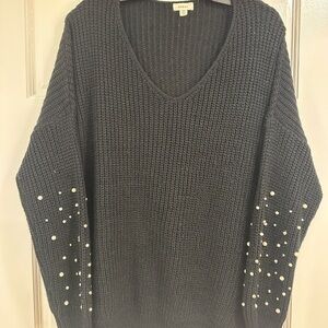 Black V-Neck Sweater with beaded  Accents